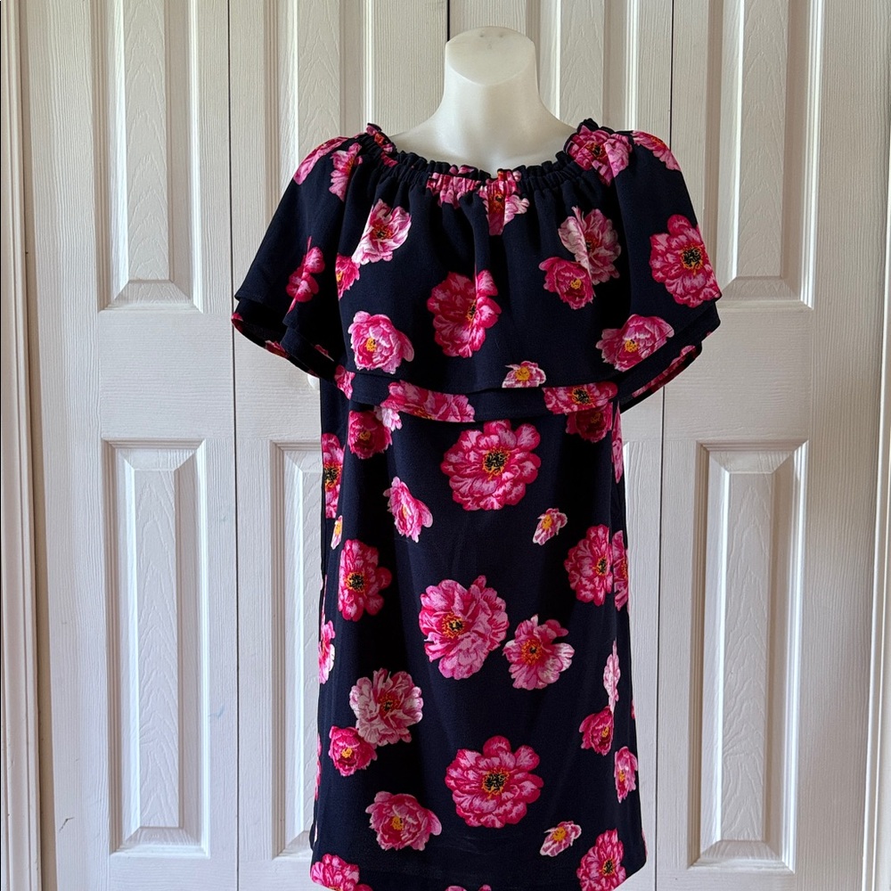 Mud Pie Pink Navy Floral Summer Sundress Smocked Elastic Dress Medium